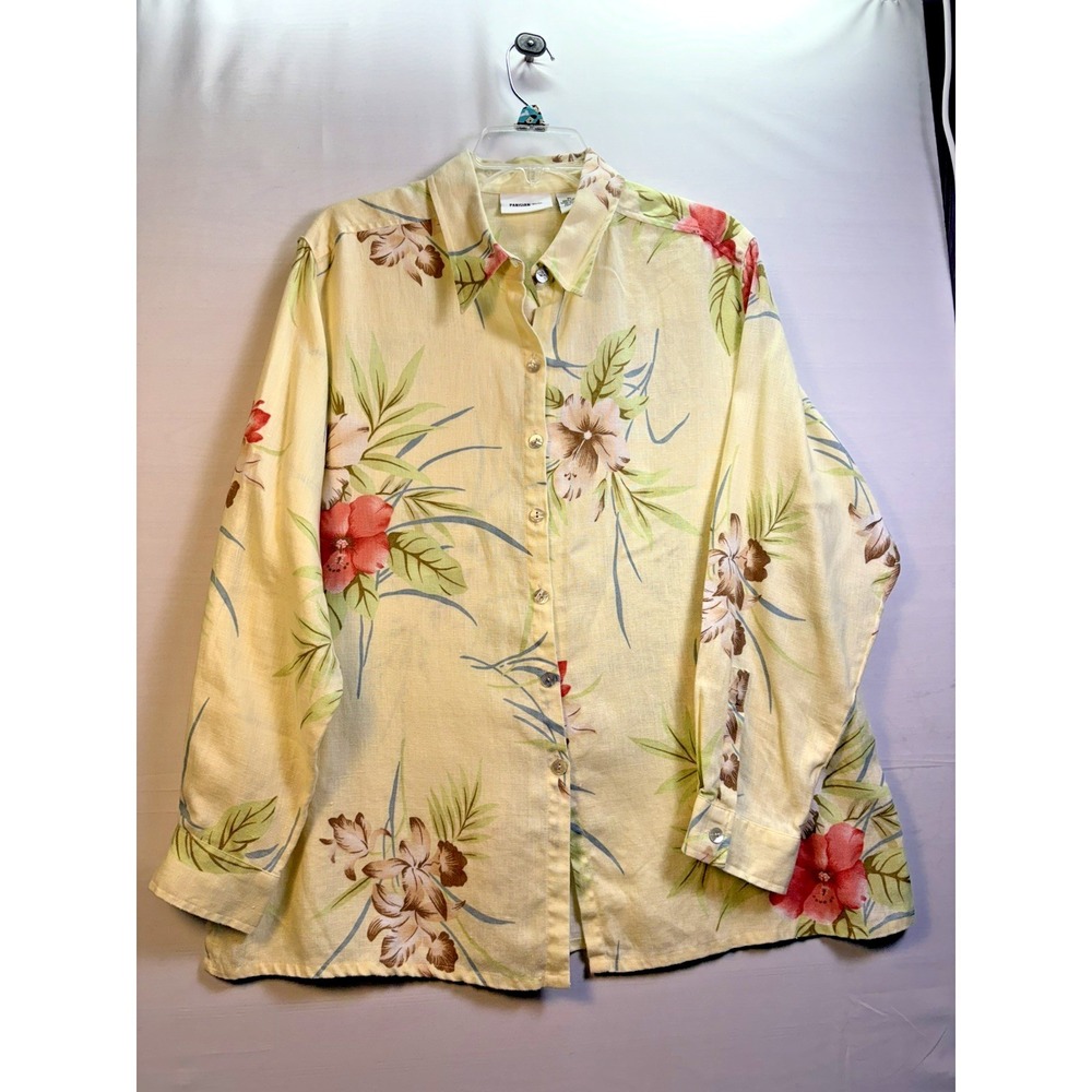 Parisian Works womens Yellow Floral Linen Button Up‎ Shirt XL